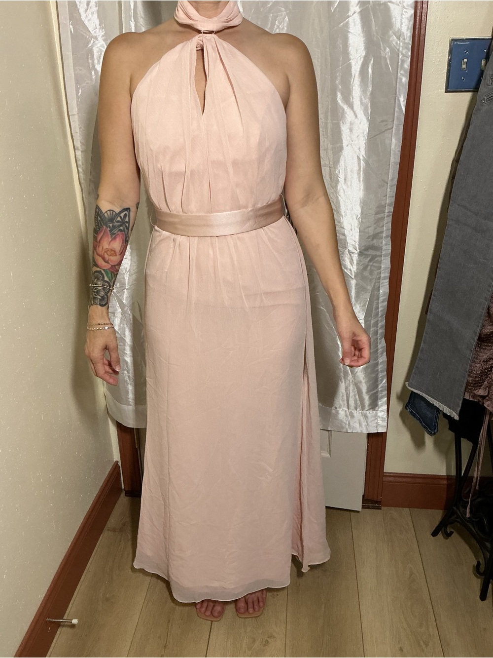 White Blush Halter Maxi Dress, hem one area is slightly un sewed
